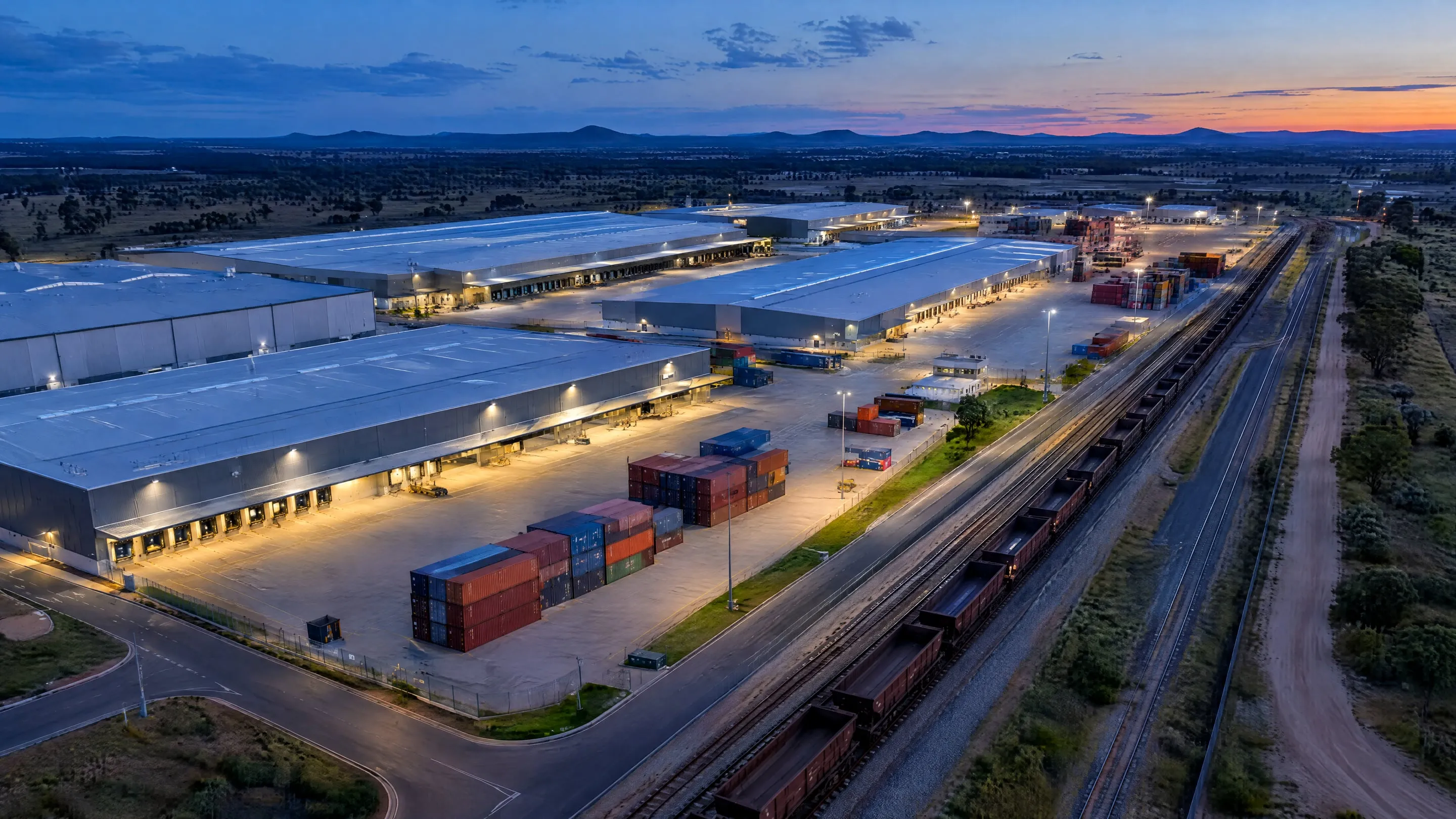Aerial view of a logistics precinct at dusk: warehouses, container stacks and a rail siding