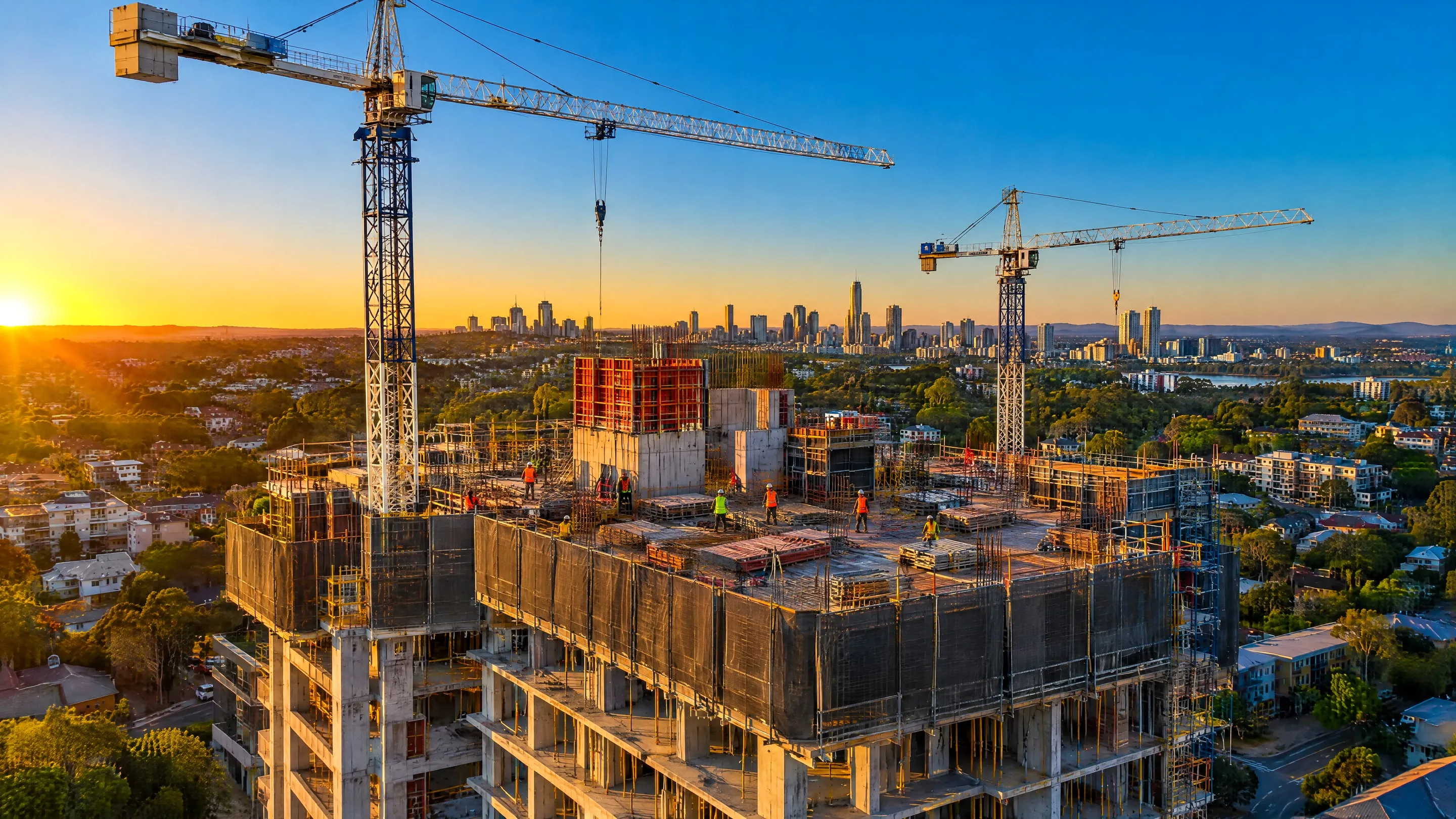 A mid-rise concrete building under construction at golden hour, with tower cranes and crews on the top deck