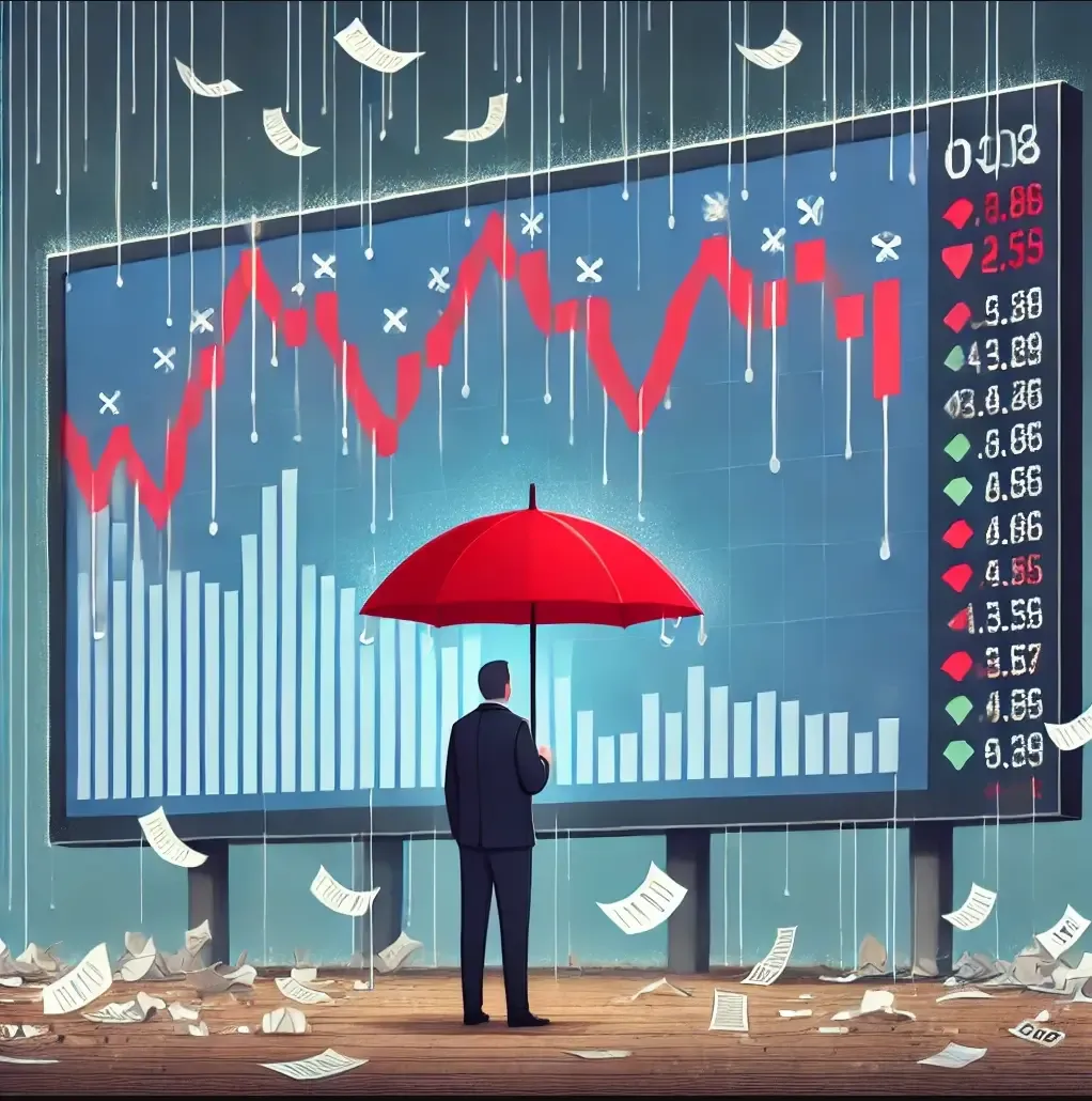 a man holding a red umbrella standing in front of a large screen